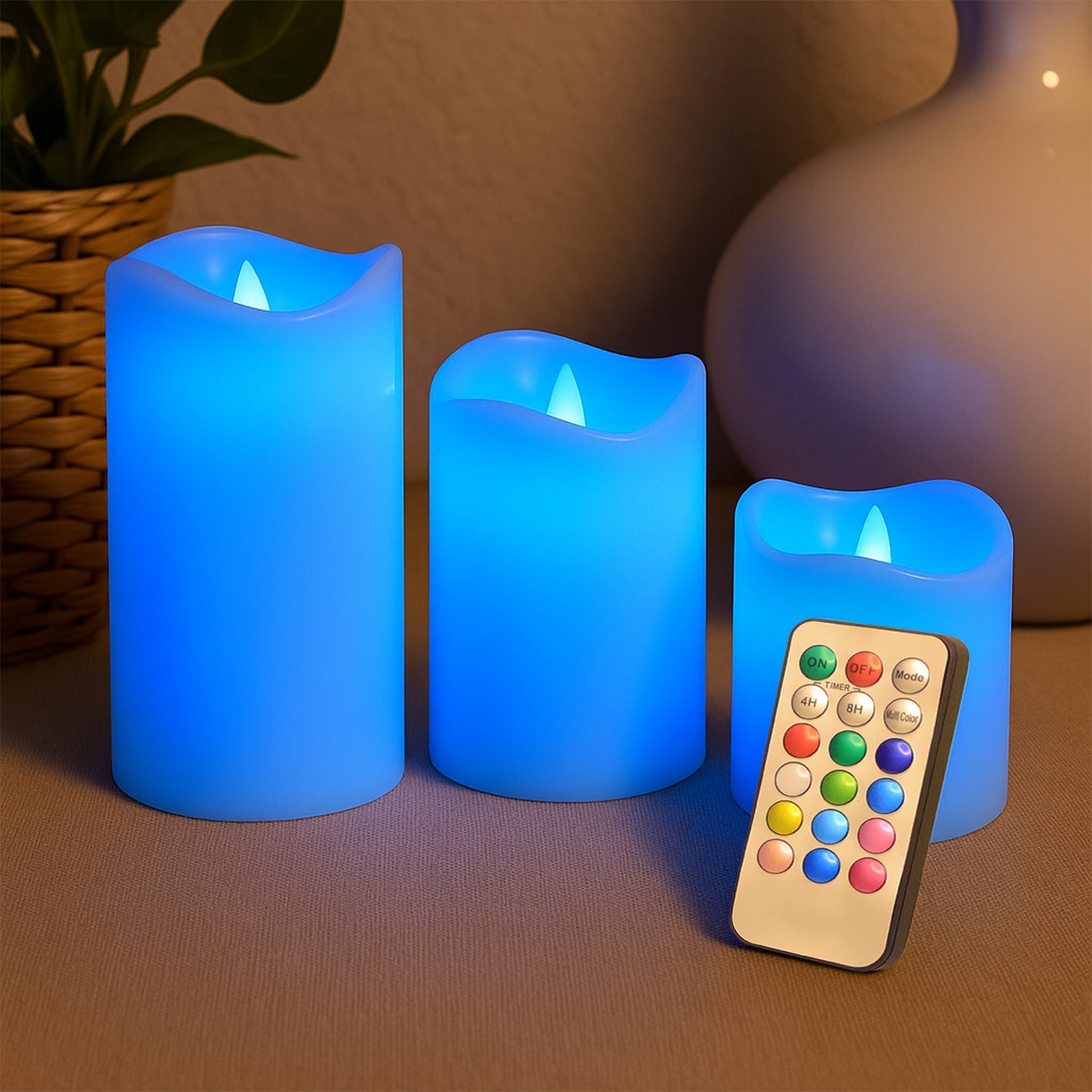 Close-up of LED flameless candle showing realistic flickering flame effect