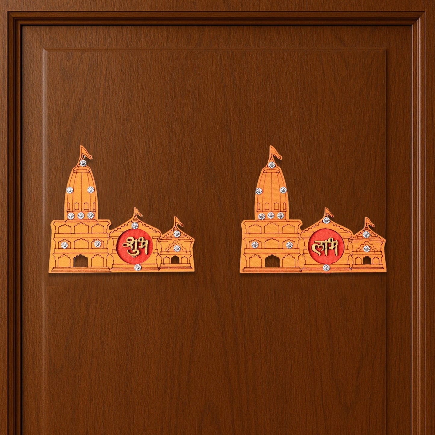 Bright and intricate Shubh Labh temple wall sticker with stone embellishments for Indian festivals.
