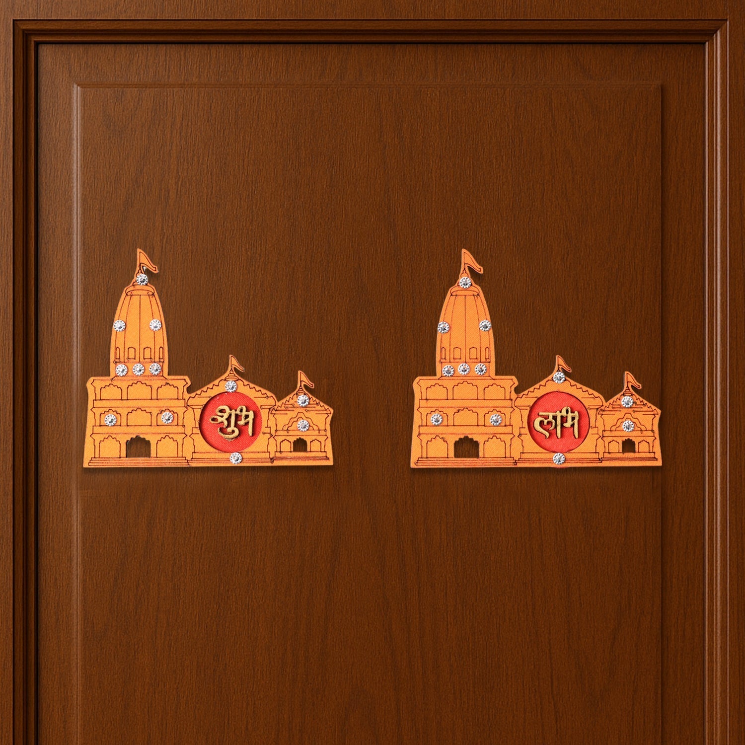 Bright and intricate Shubh Labh temple wall sticker with stone embellishments for Indian festivals.