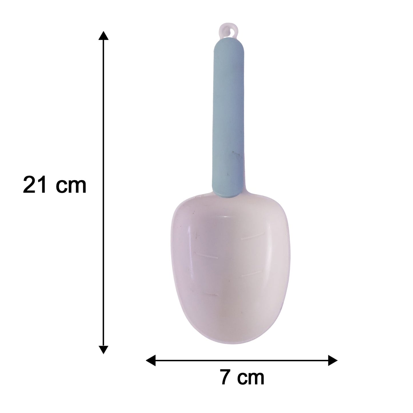 The versatile plastic measuring spoon, ideal for various kitchen ingredients like rice and grains.