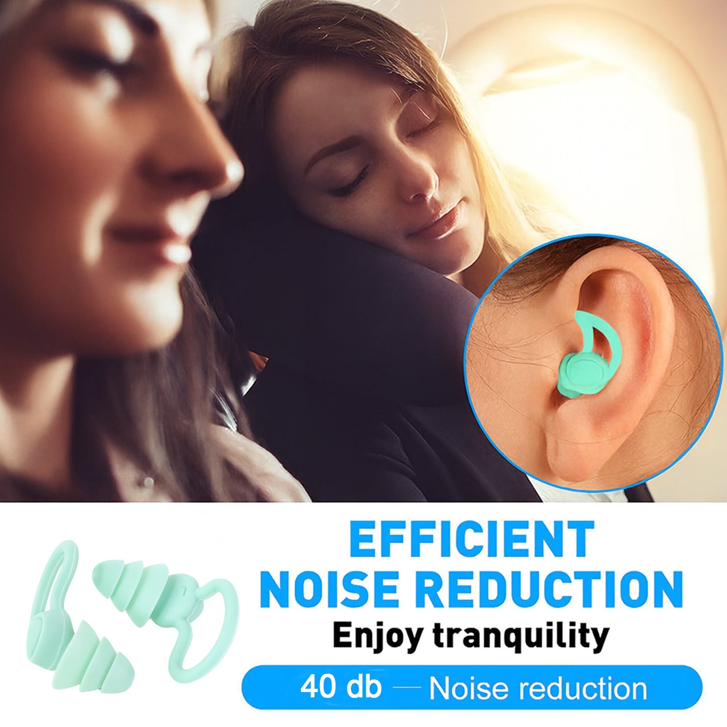 Premium silicone earplugs with layered noise reduction technology.