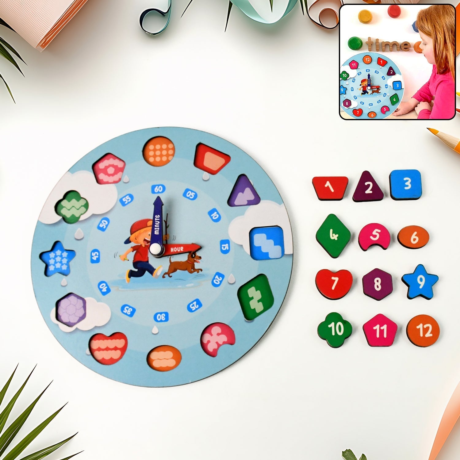 Wooden educational learning clock toy for kids with colorful movable hands and number shapes