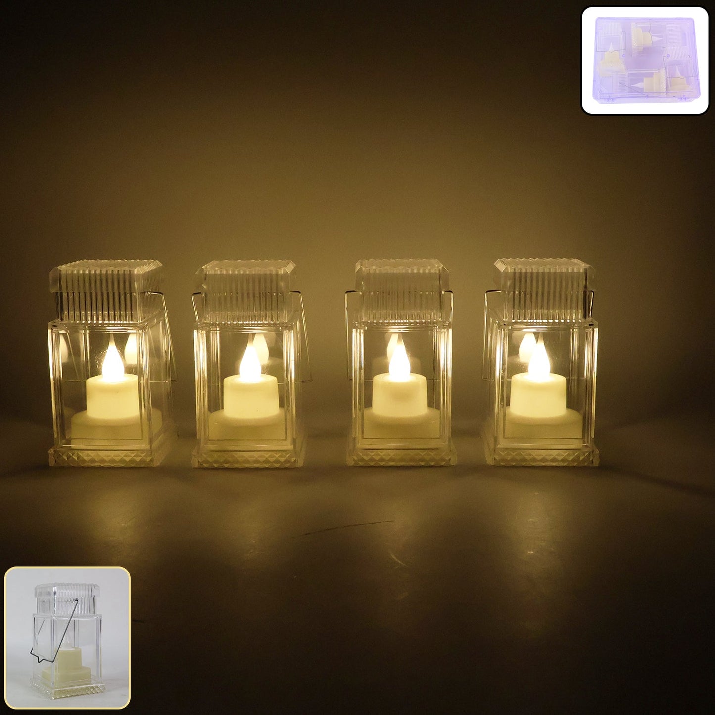 Set of 4 LED flameless lantern style decorative candles creating warm glow