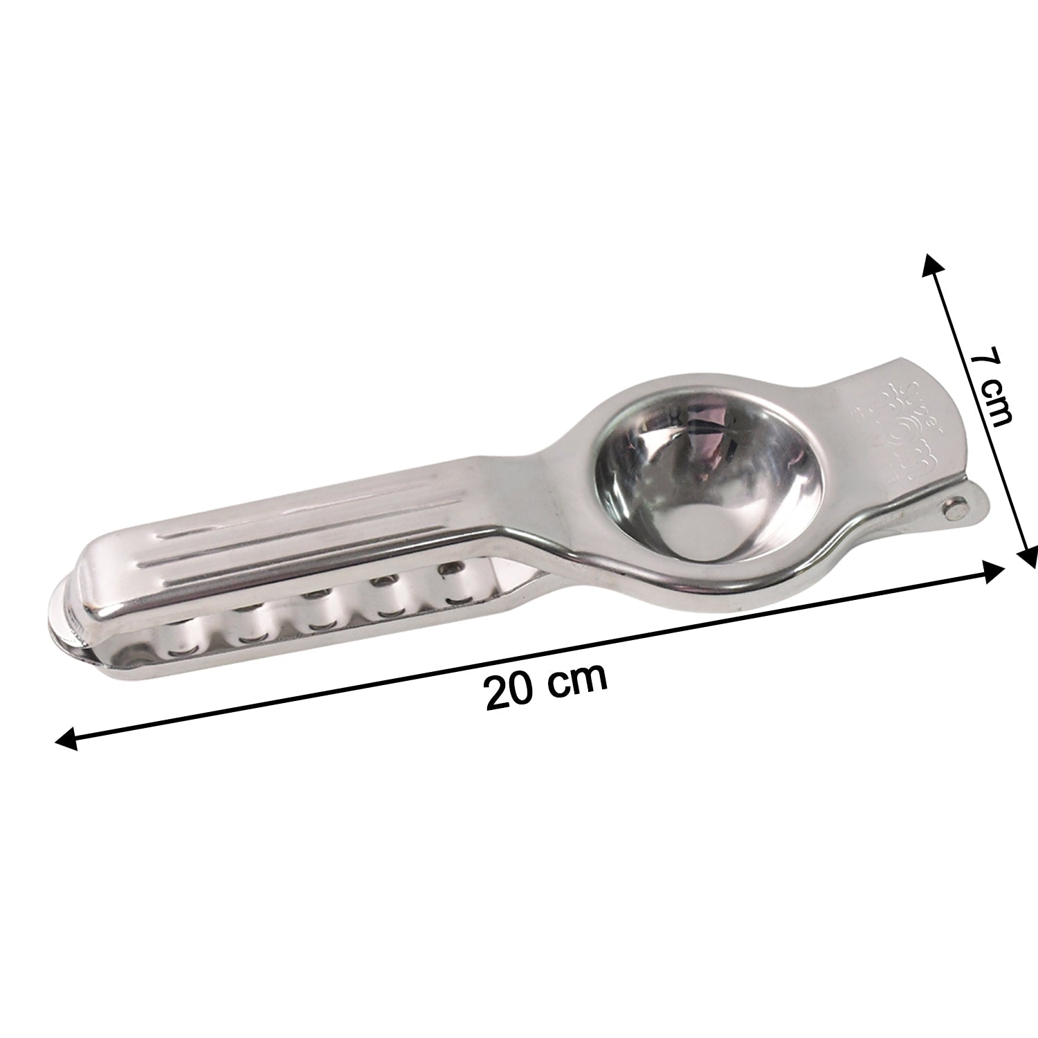 Side view of stainless steel lemon squeezer showing compact design