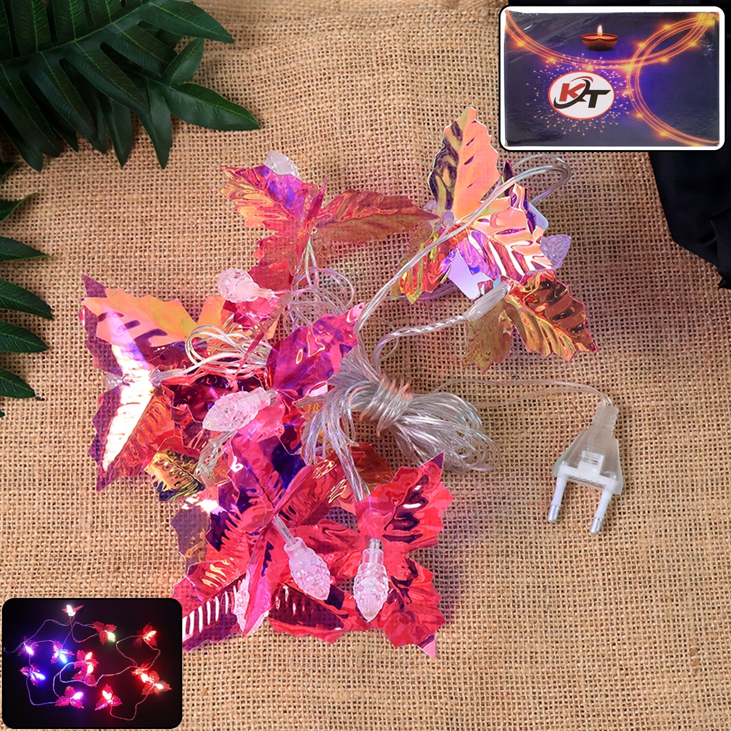 4 meter LED leaf string lights with vibrant multicolor glow on display indoors