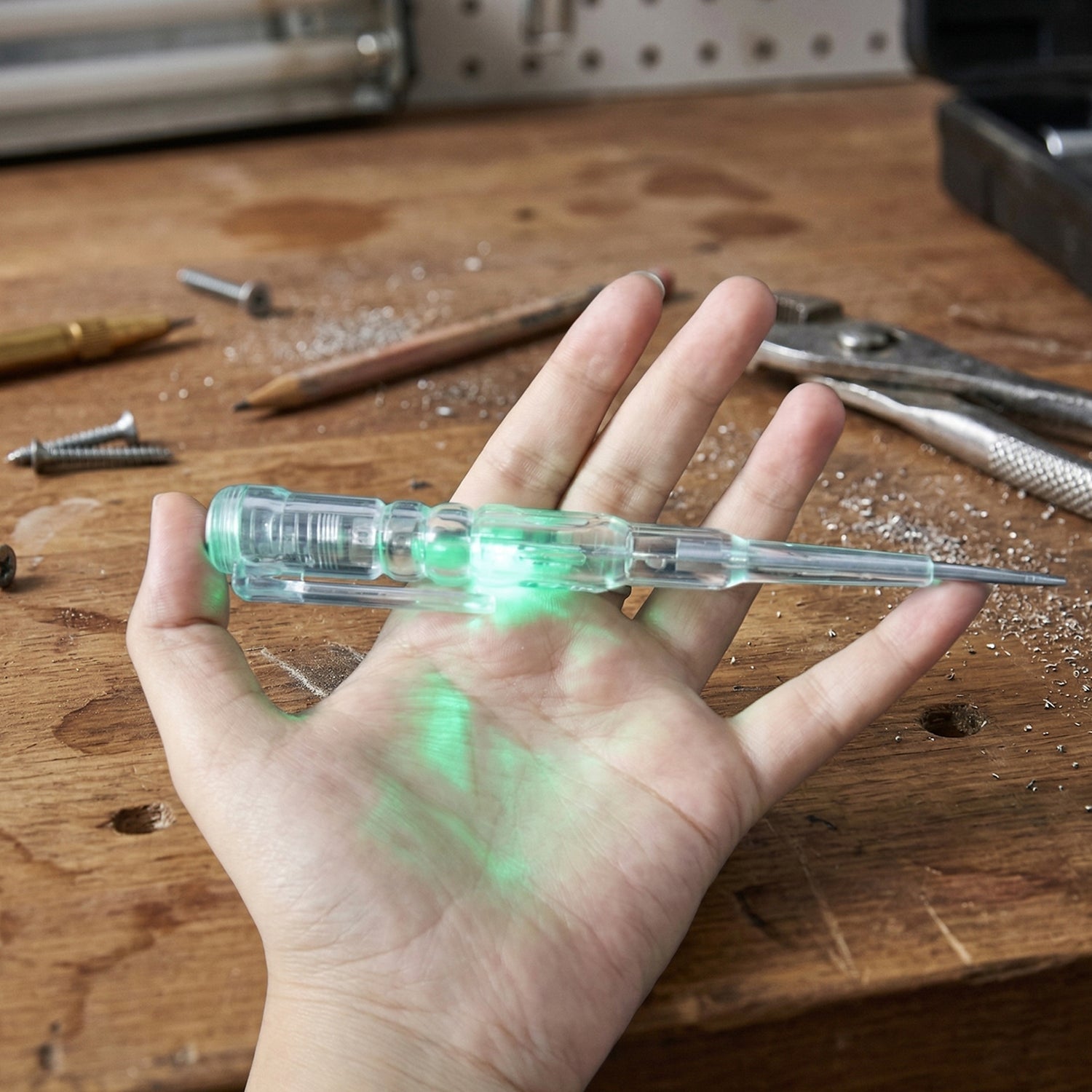 Digital voltage tester pen detecting electricity on electrical outlet with LED lights