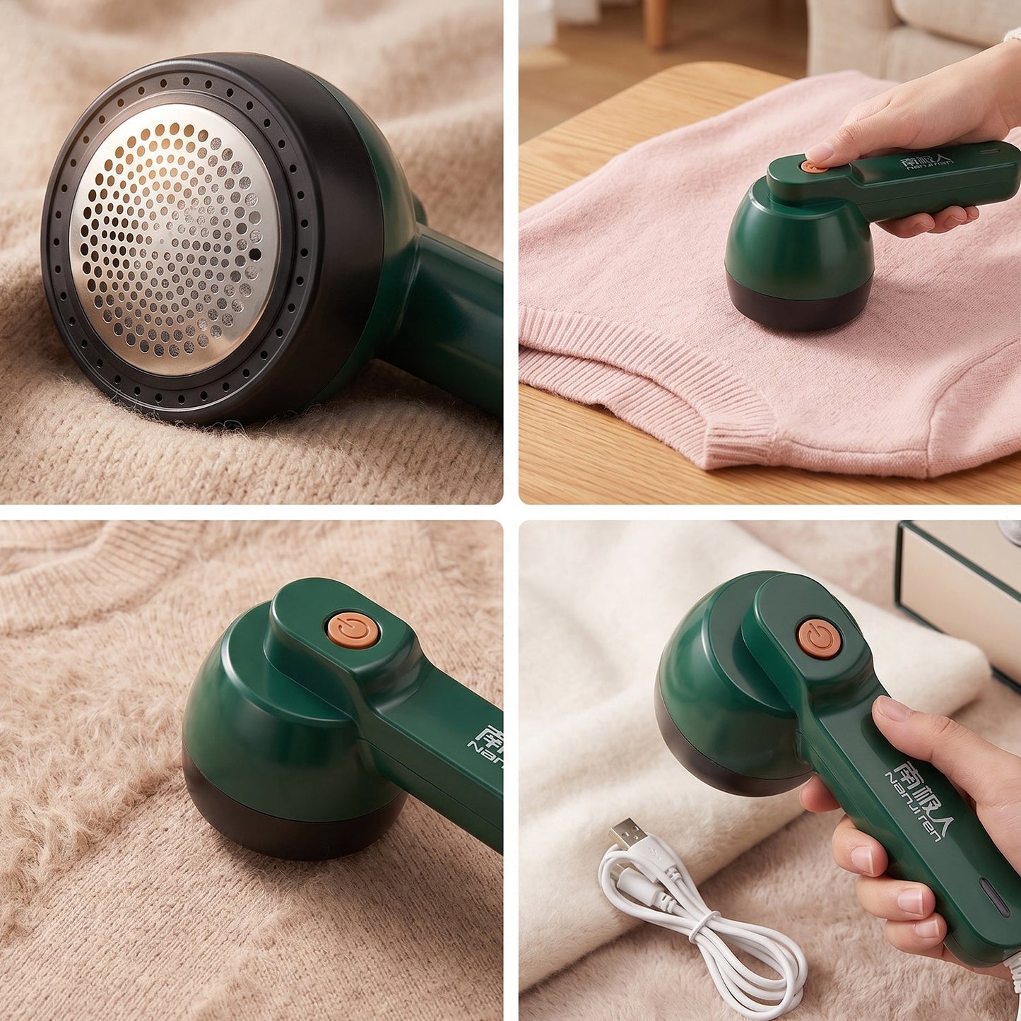 Portable fabric defuzzer with cleaning brush and charging cable