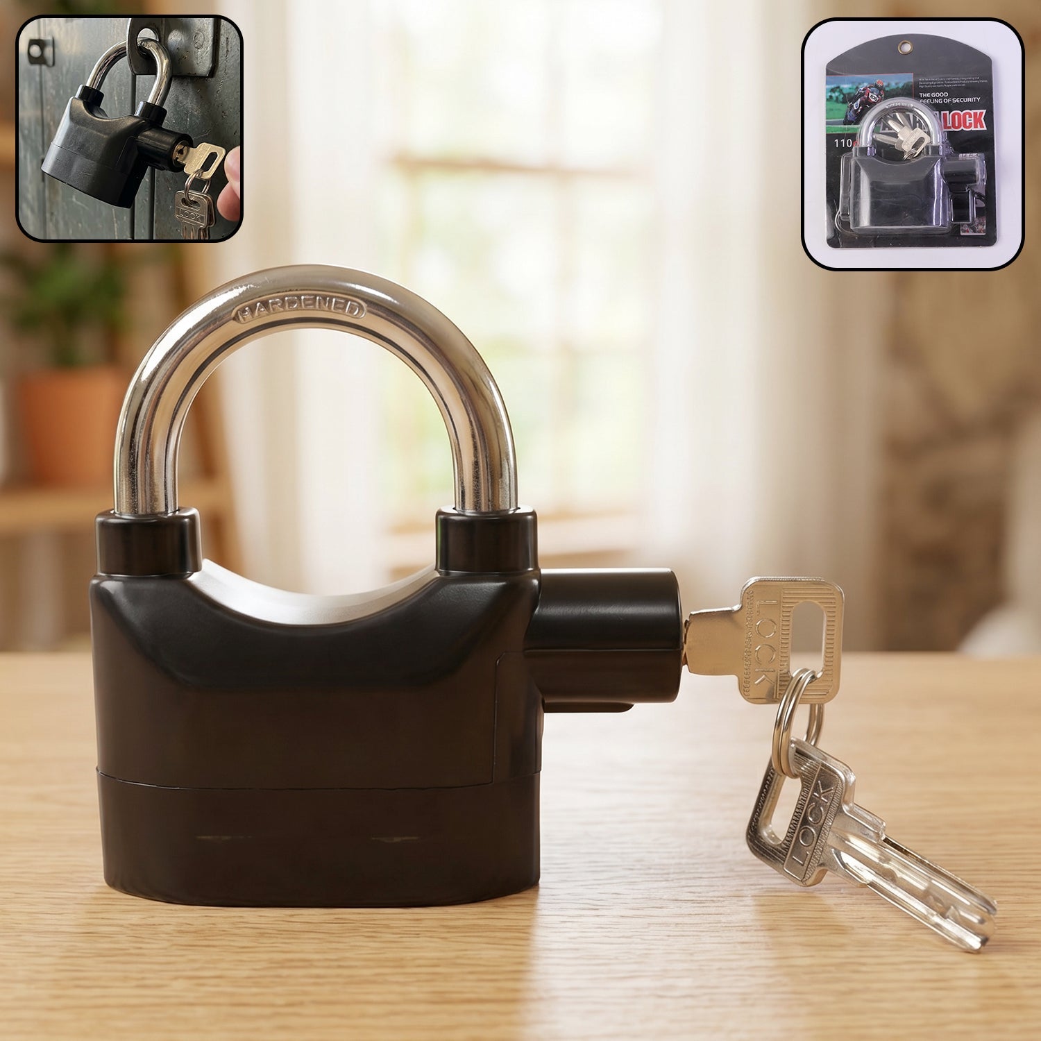 Security Alarm Padlock with its shackle open, showcasing the robust metallic body.