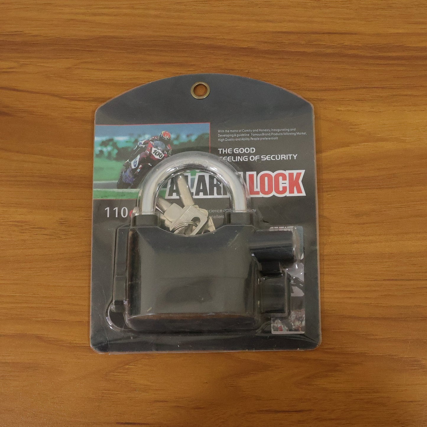 The Security Alarm Padlock displayed with its packaging, ready for use.