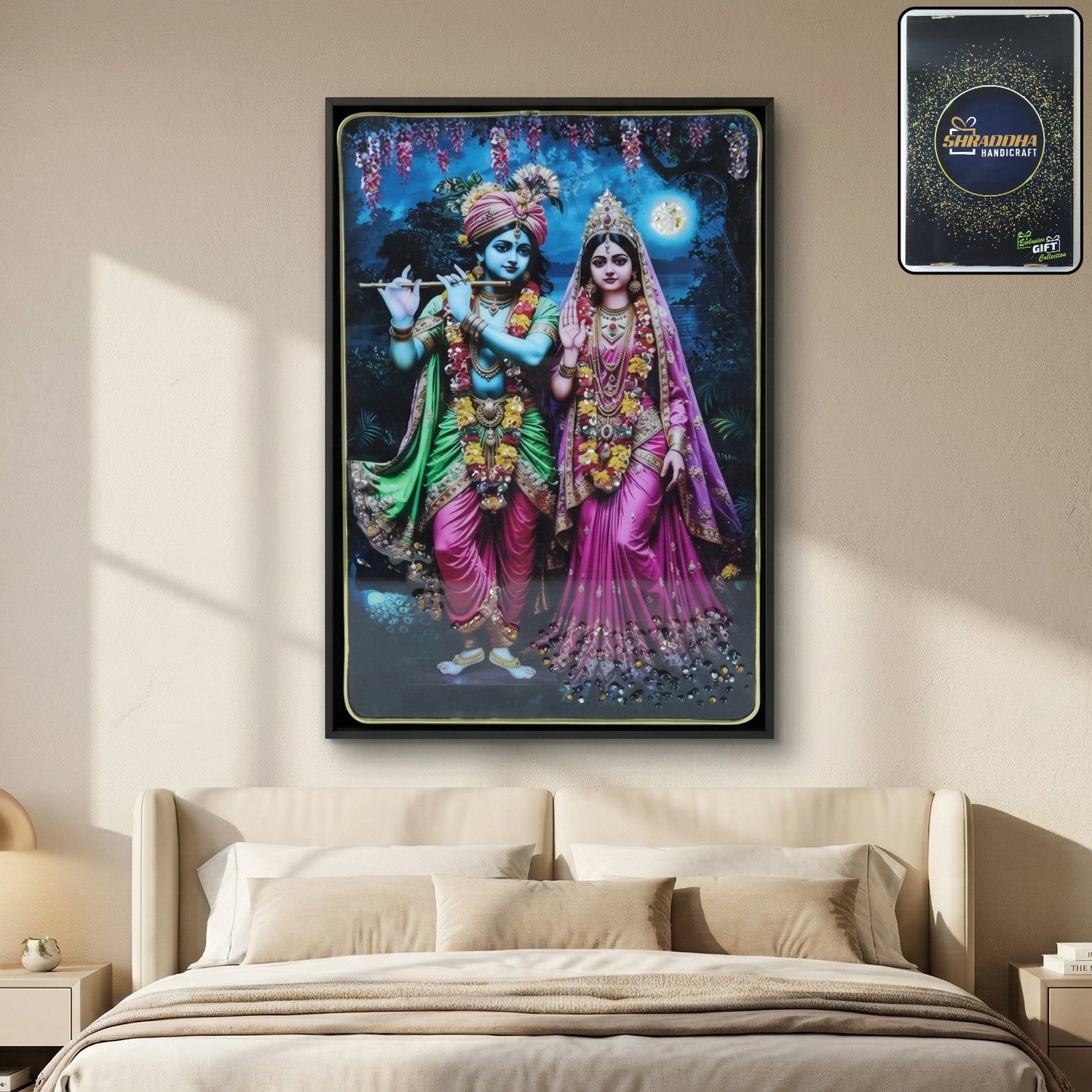 Vibrant Radha Krishna artwork in decorative wall frame