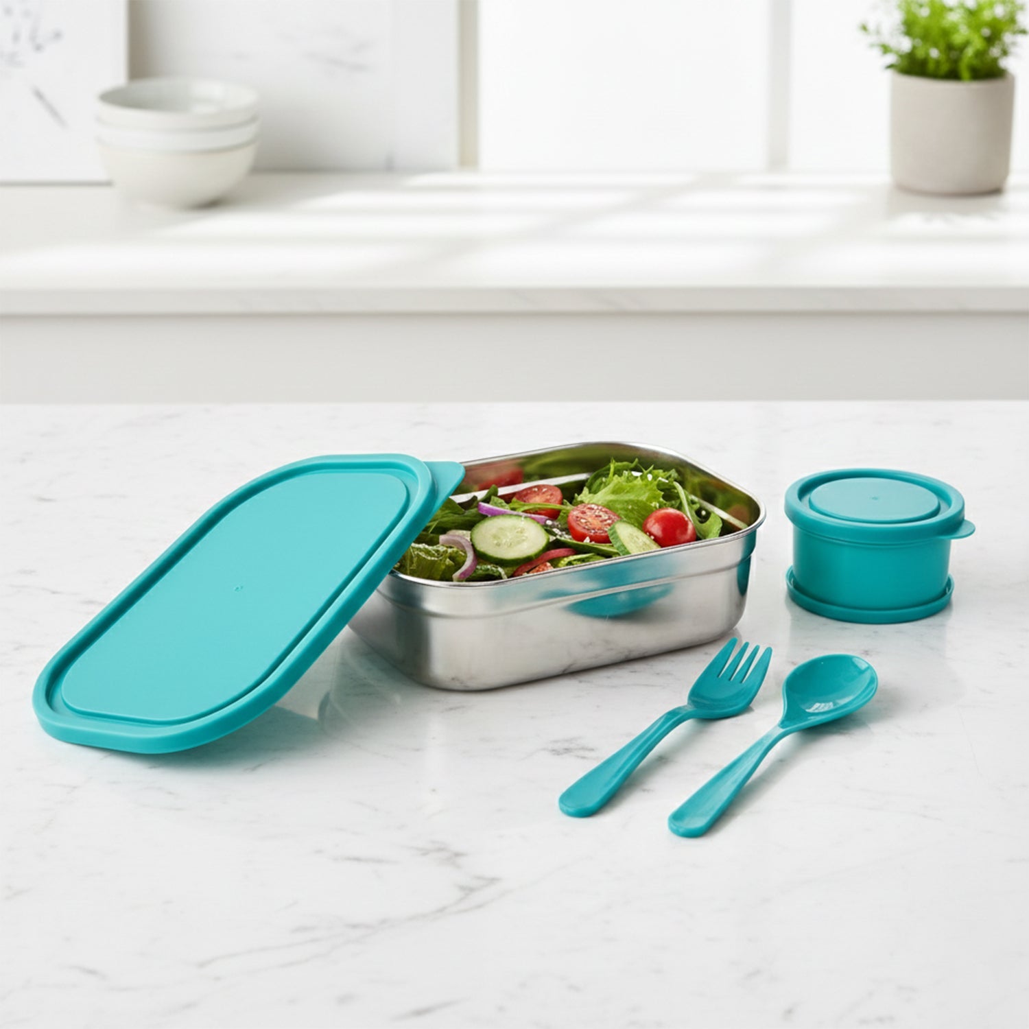 Lunch box set showing spacious main container and round snack compartment with secure lid