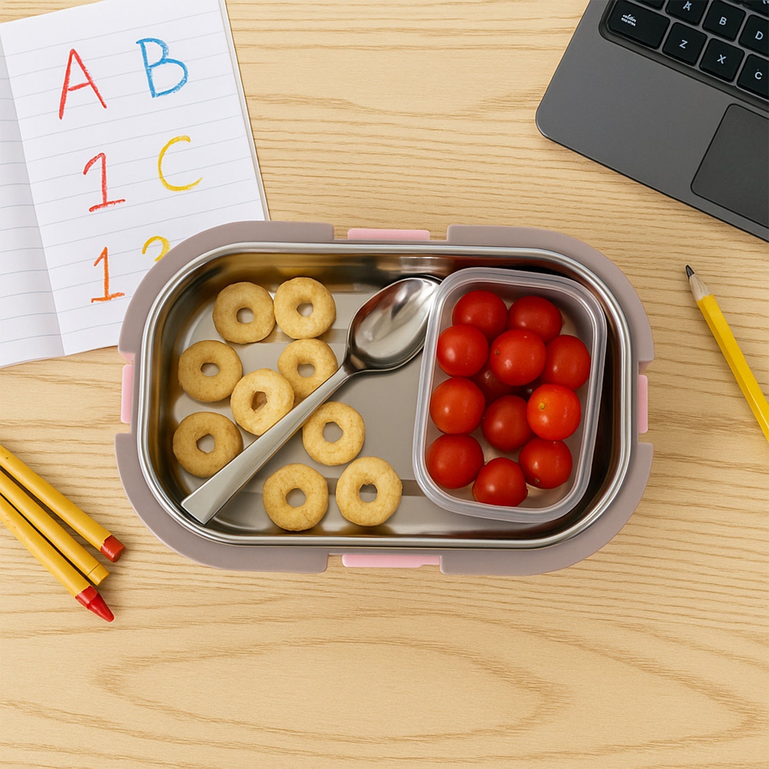 Portable kids lunch box with a vibrant cartoon design, perfect for school.