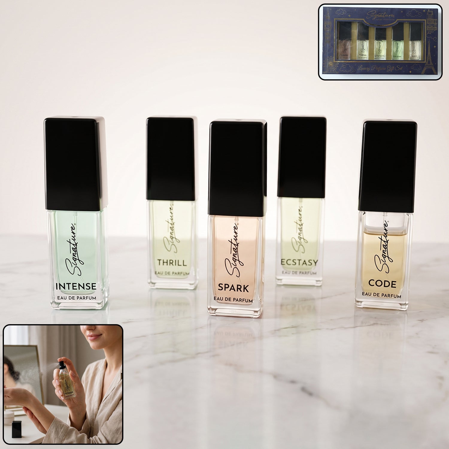 Luxury perfume gift set with 5 mini Eau de Parfum bottles, perfect for gifting and travel