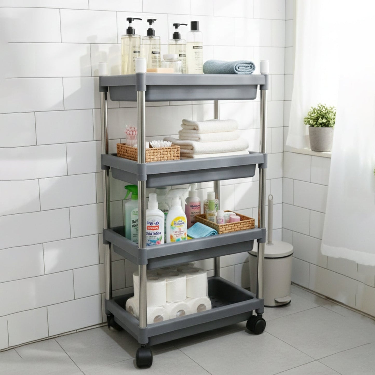 Compact 4-layer rolling storage cart ideal for tight spaces in home or office