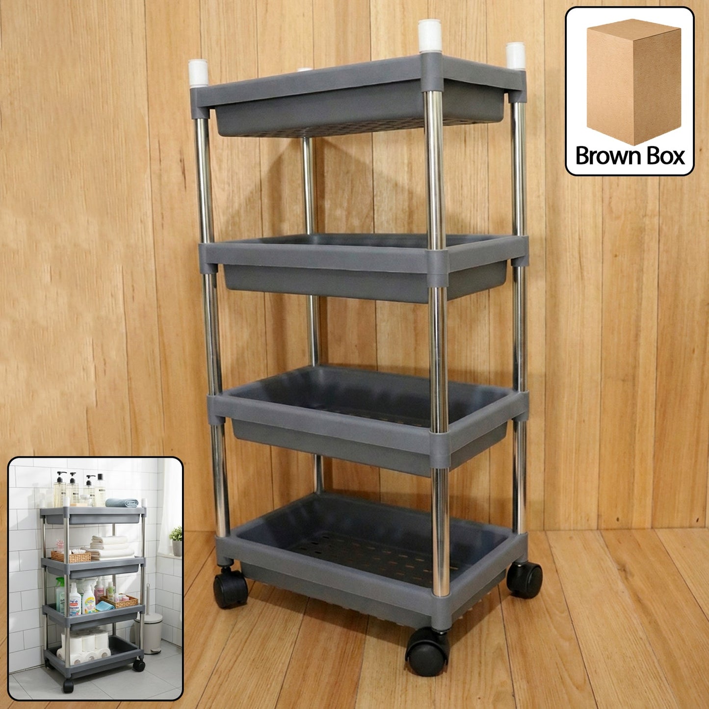 4-layer rolling storage cart with durable plastic trays and wheels