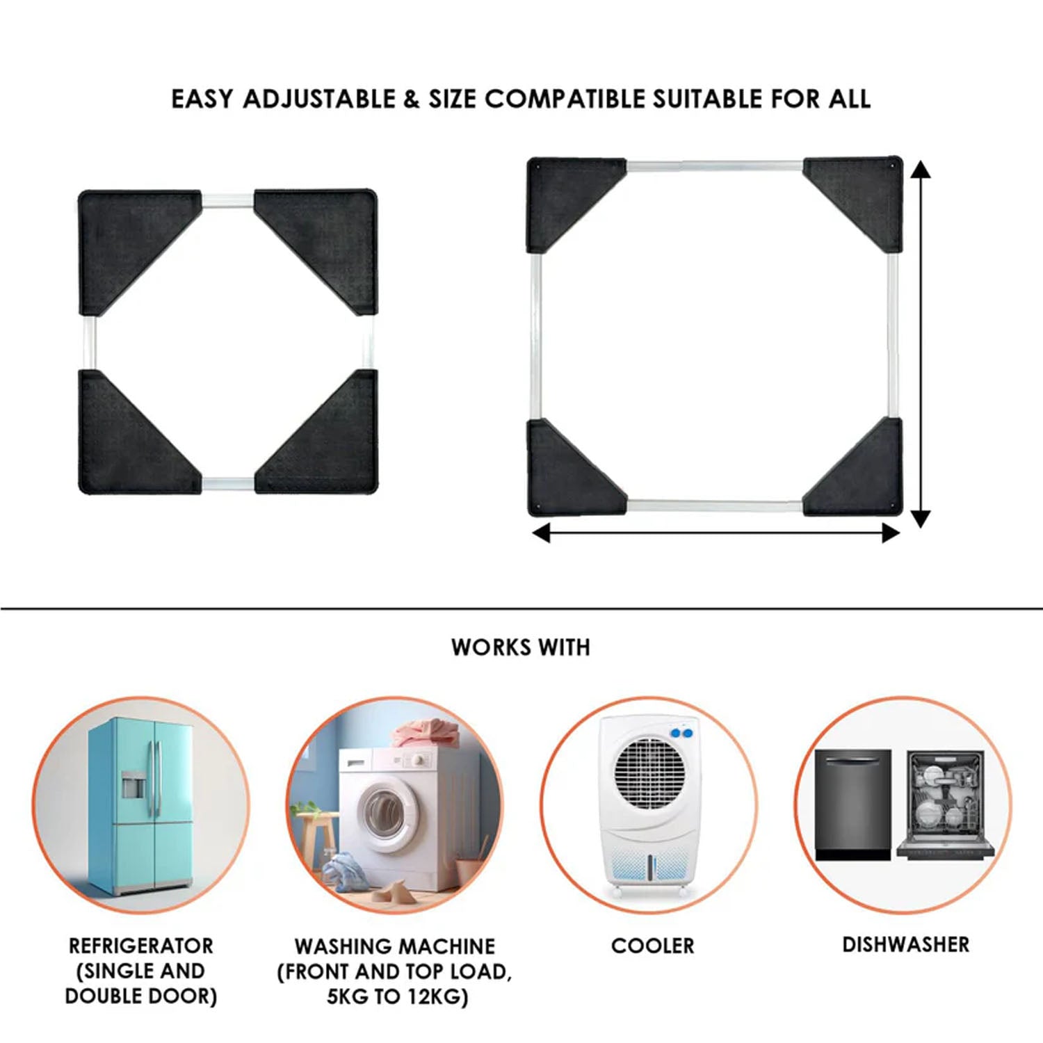 Adjustable frame appliance stand set up indoors under refrigerator base