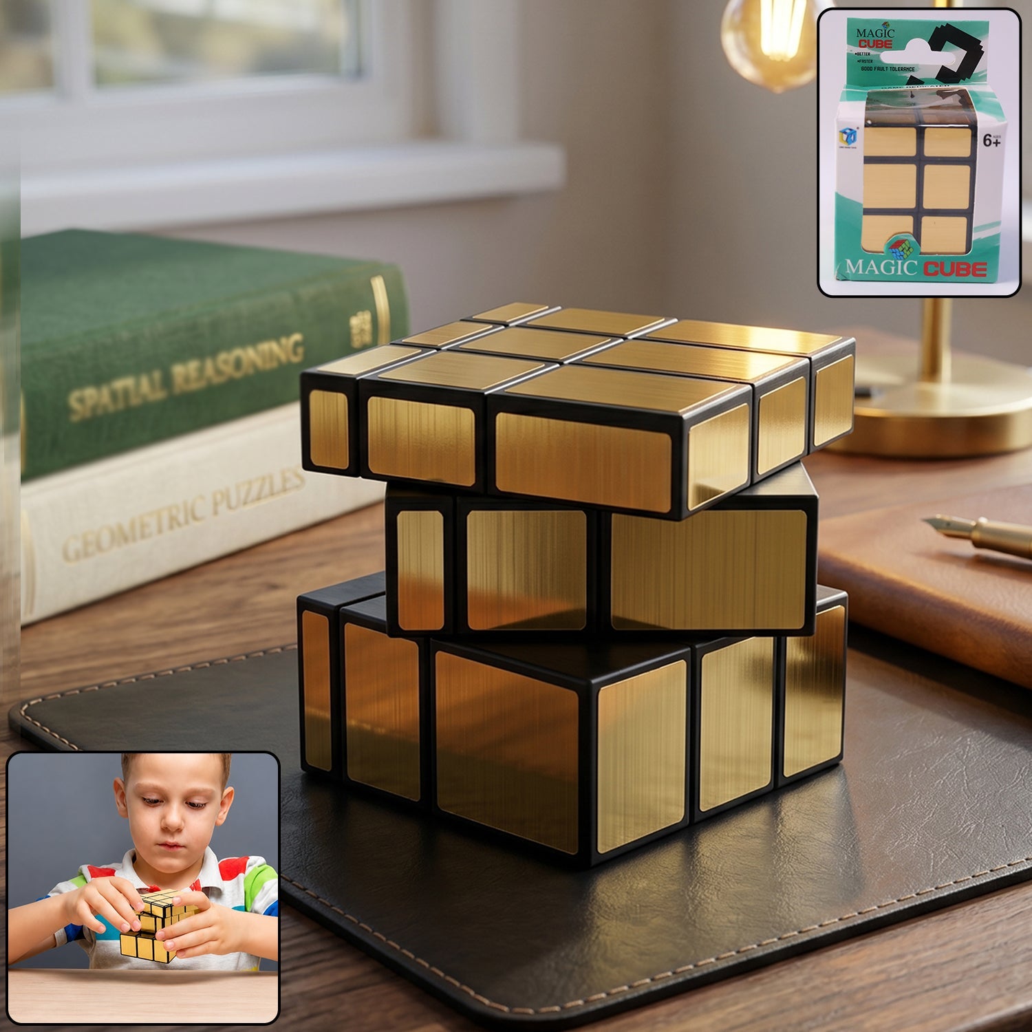 Front view of Magic Puzzle Cube with premium golden design