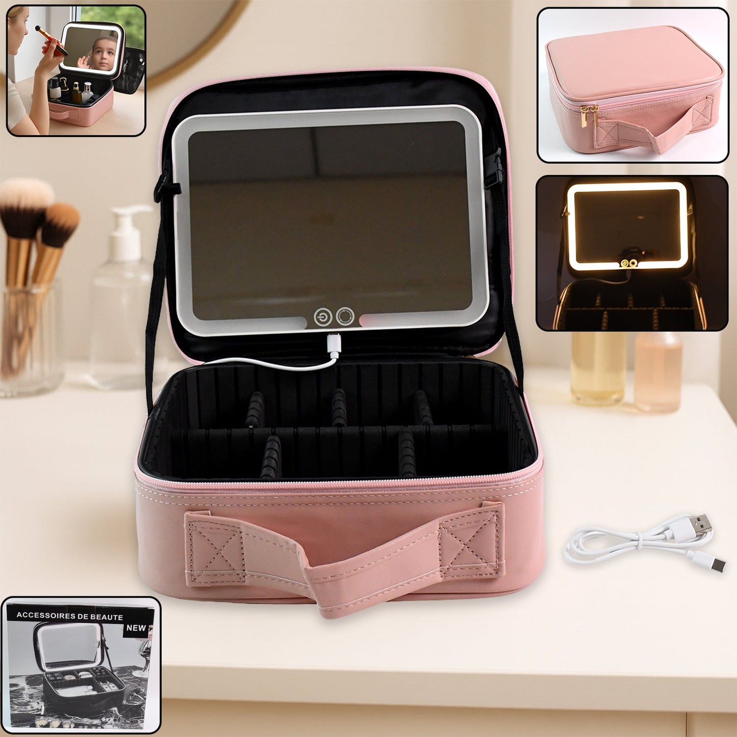 Pink LED light makeup organizer box with spacious compartments