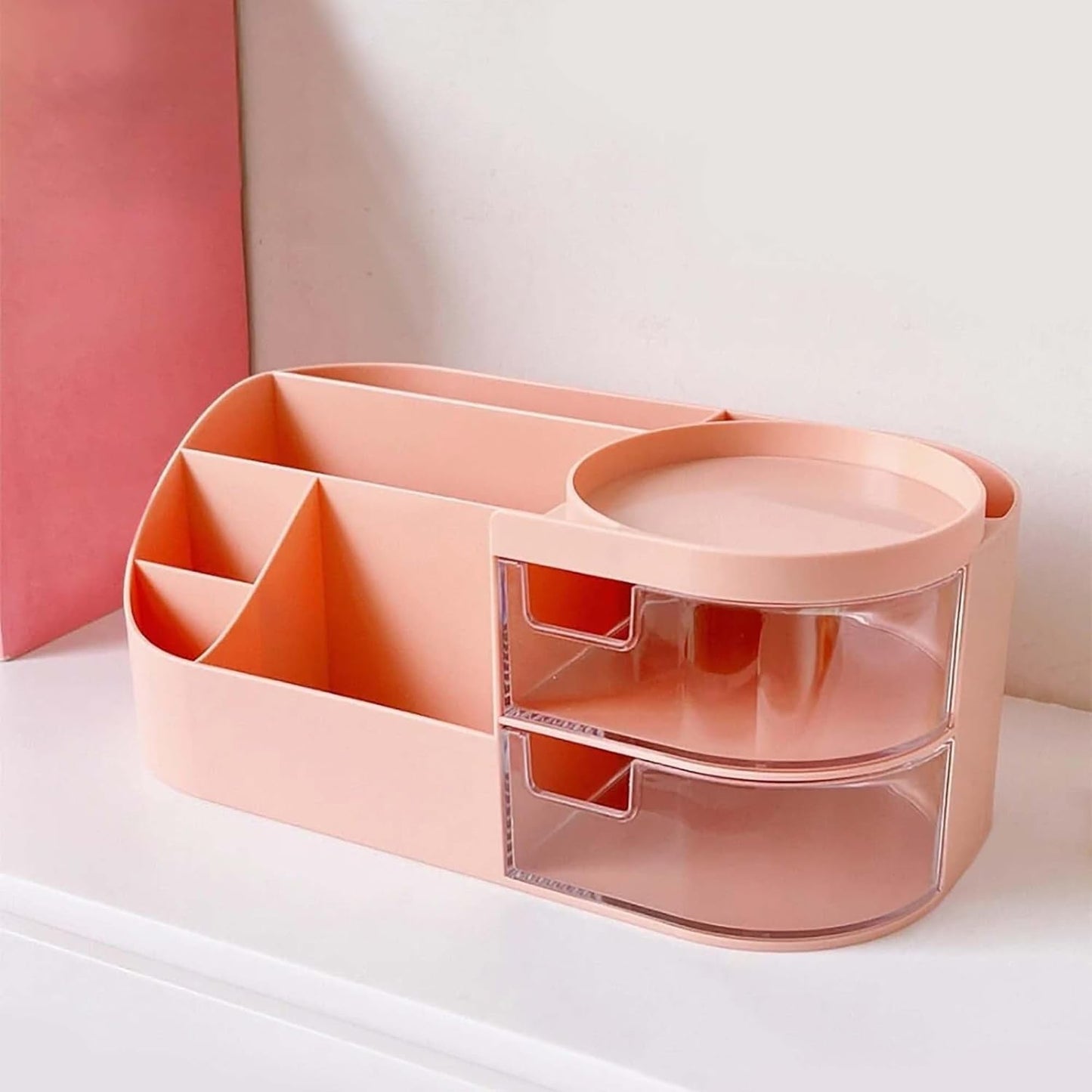 Sturdy plastic cosmetic storage case in pink color