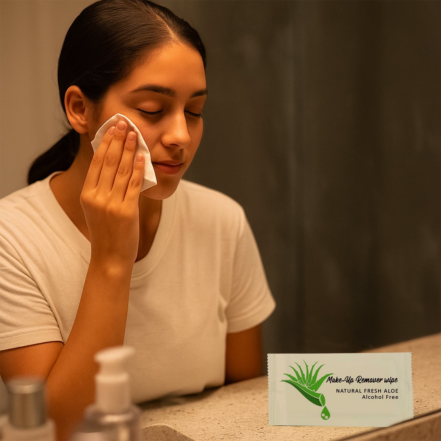 Disposable makeup remover aloe wipes ideal for travel and daily use