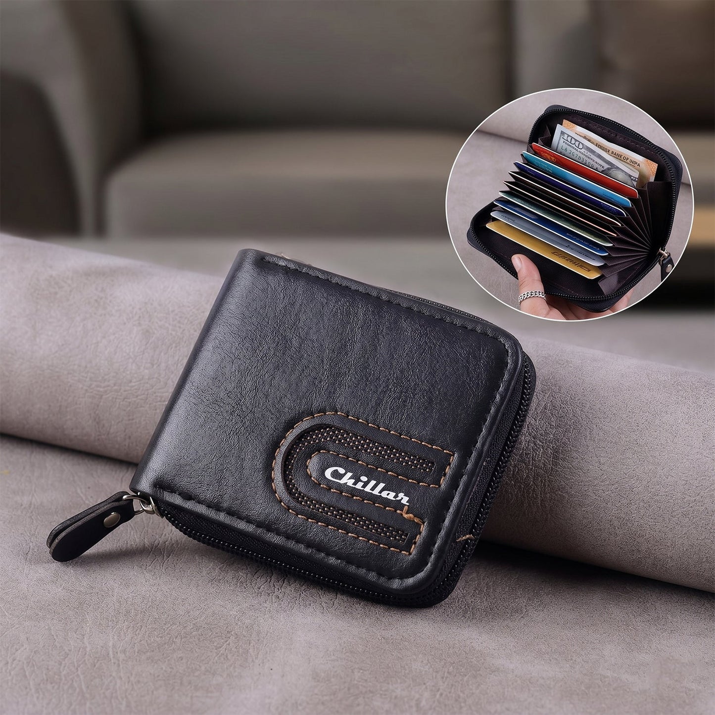 Side perspective of compact zip-around cardholder wallet