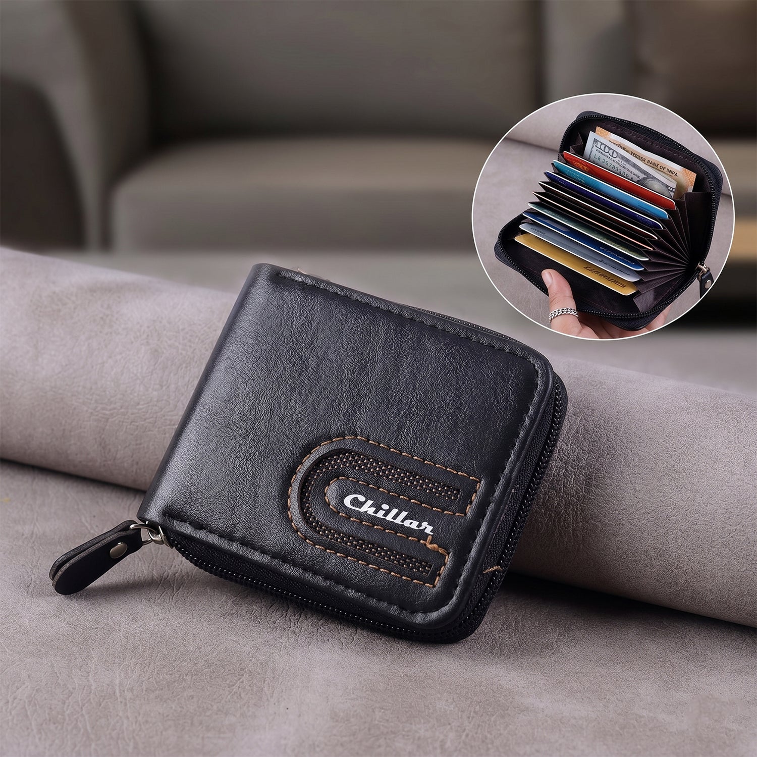 Side perspective of compact zip-around cardholder wallet