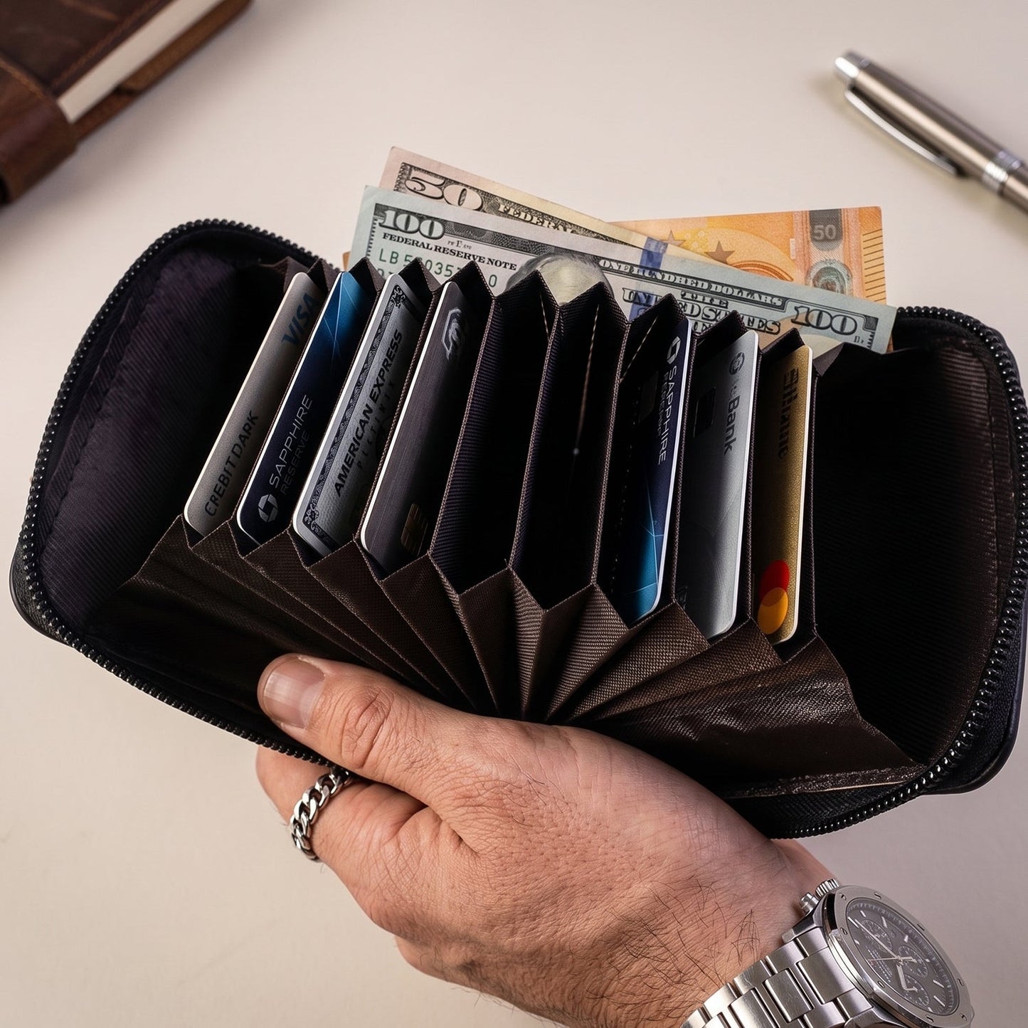 Man carrying zip-around card holder wallet comfortably in pocket