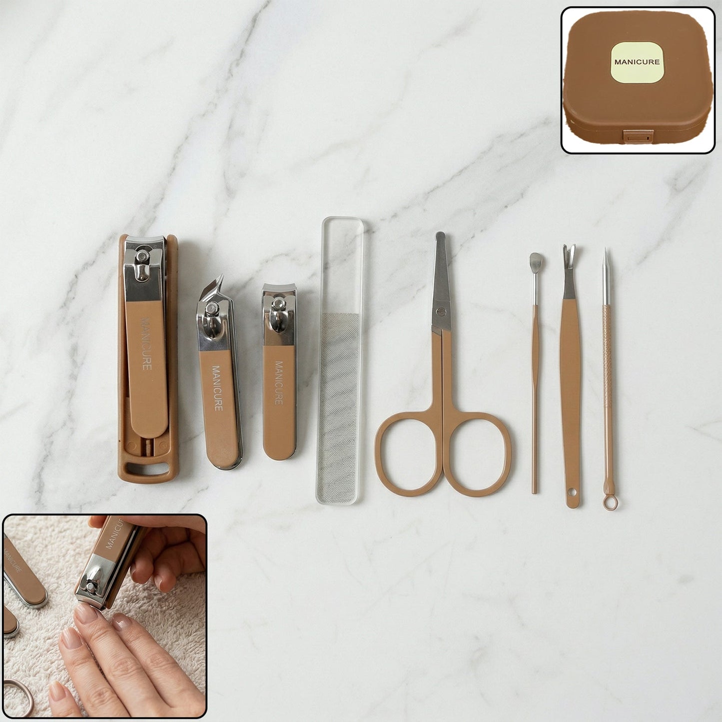 Professional manicure pedicure set with tools laid out