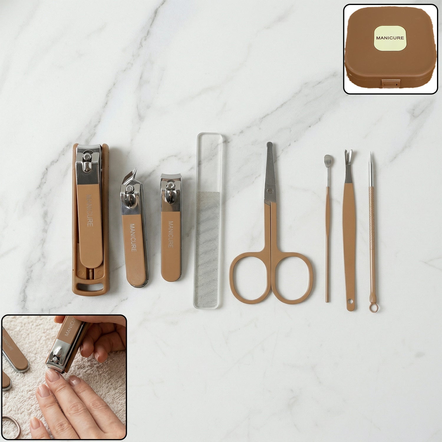 Professional manicure pedicure set with tools laid out