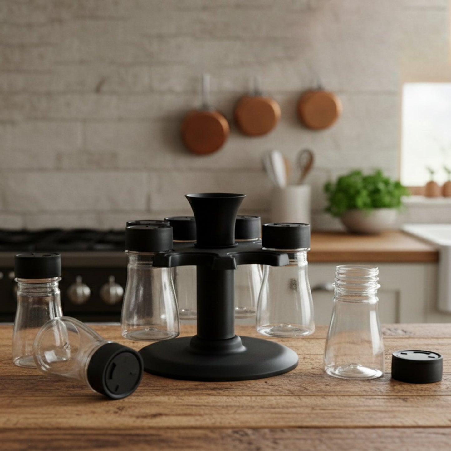 Plastic spice rack set showing transparent jars for clear spice visibility