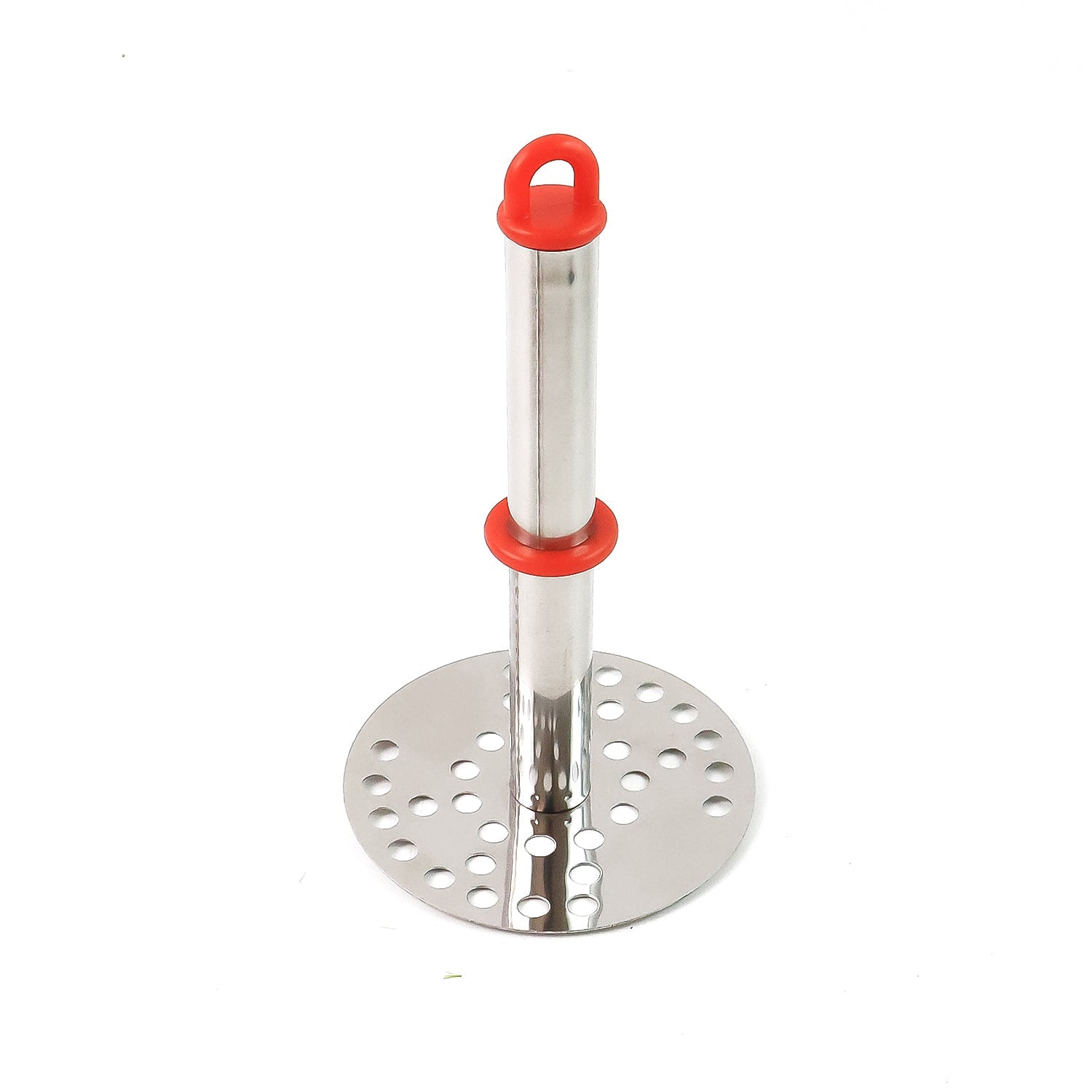 Potato masher hanging on kitchen rack using the hanging loop