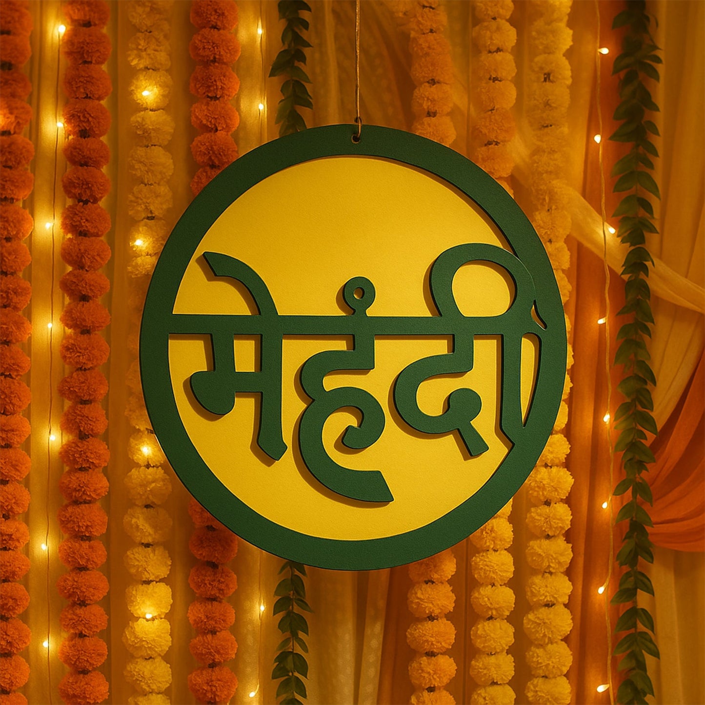 Indoors mehndi ceremony round decorative sign with typical Hindi ?????? lettering