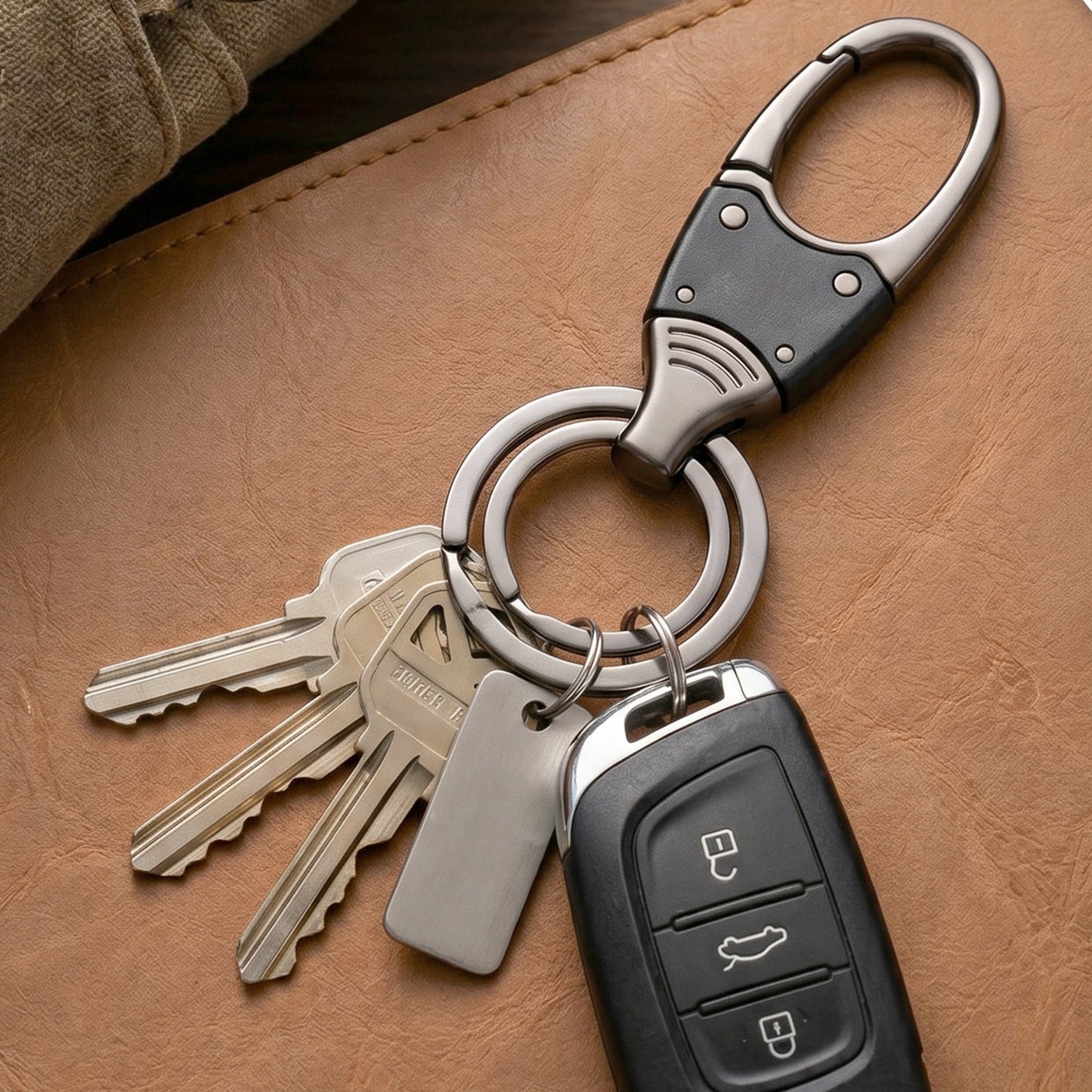 Hand holding compact metal key holder with rotating swivel