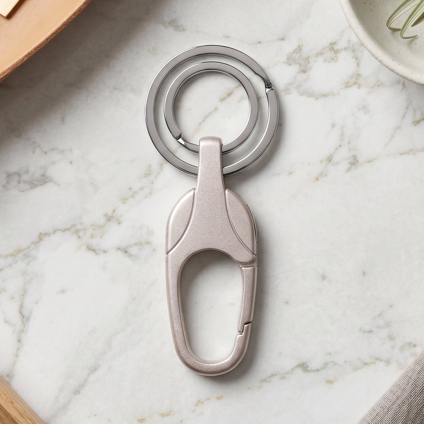 Top-down view of strong metal keychain