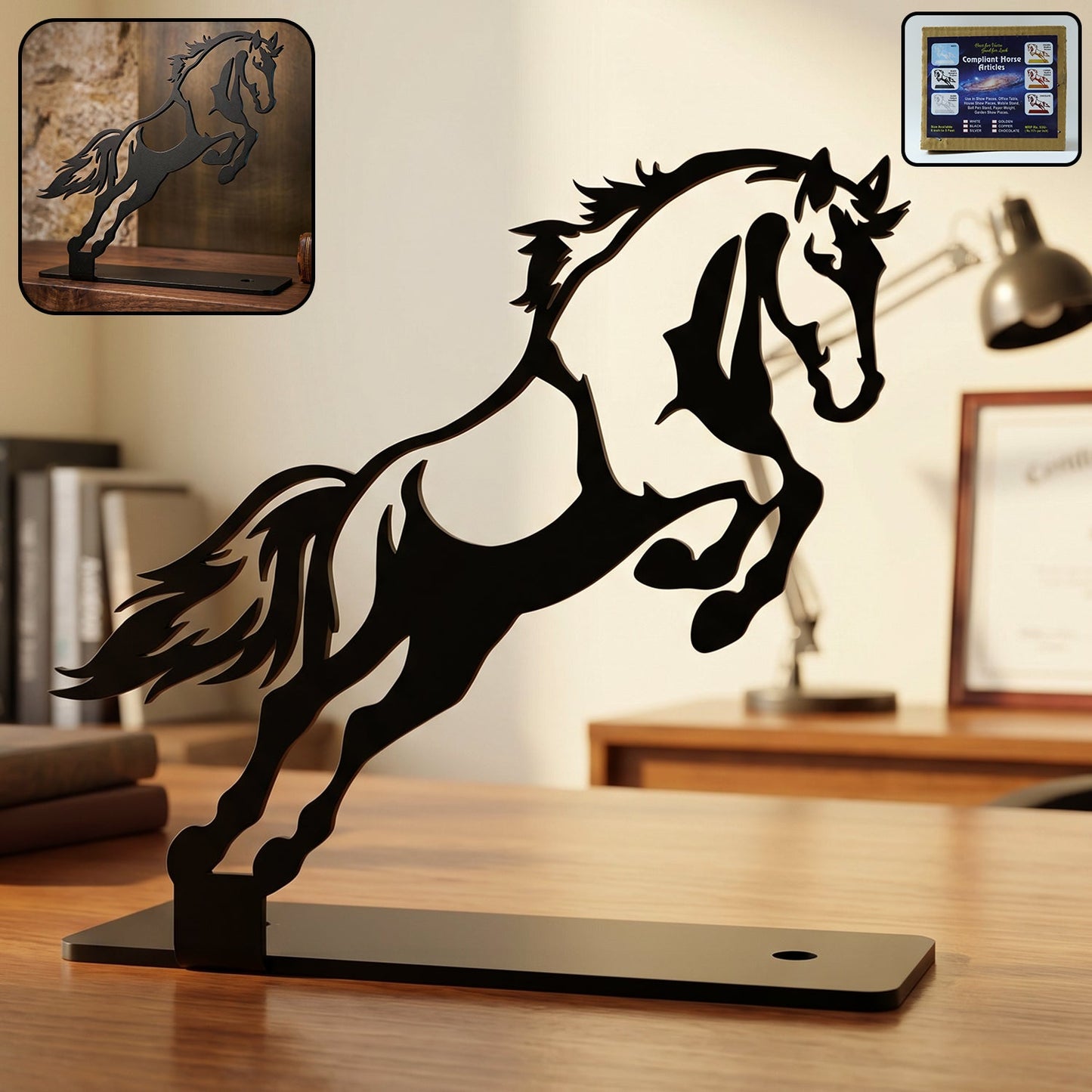 Stylish black metal horse sculpture ideal for modern desk decor