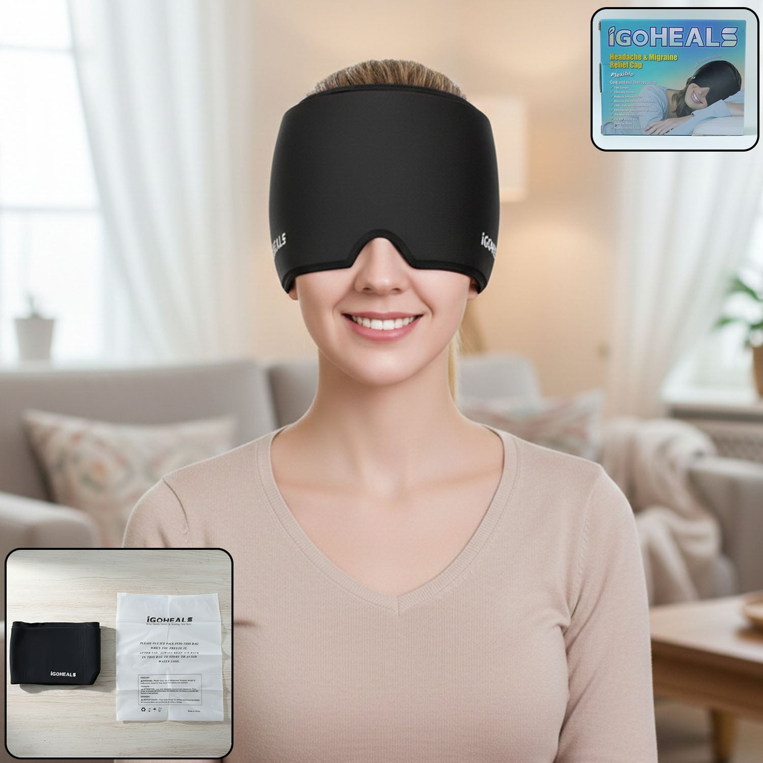 Hot & cold therapy headache relief cap providing full forehead and eye coverage