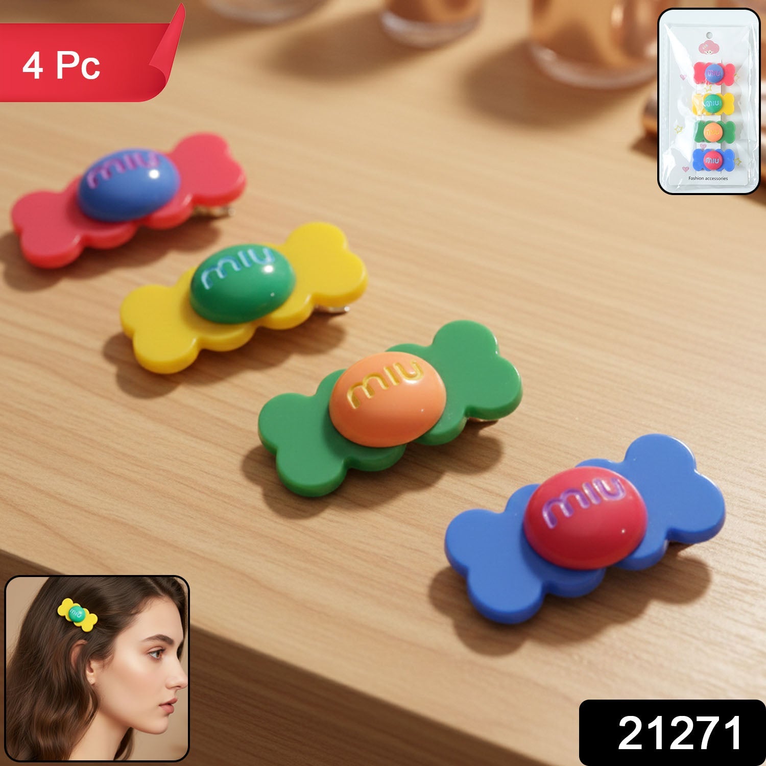 Close-up of pink candy-shaped snap hair clip with glossy colorful finish