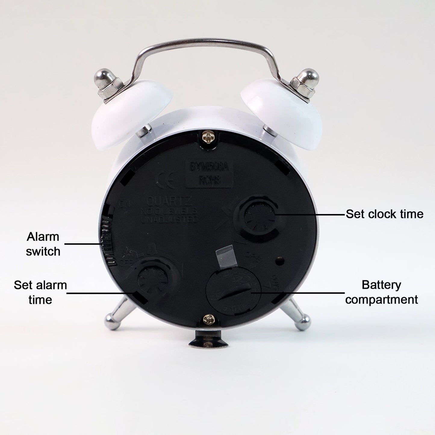 Twin-bell analog alarm clock placed on a modern bedside table.