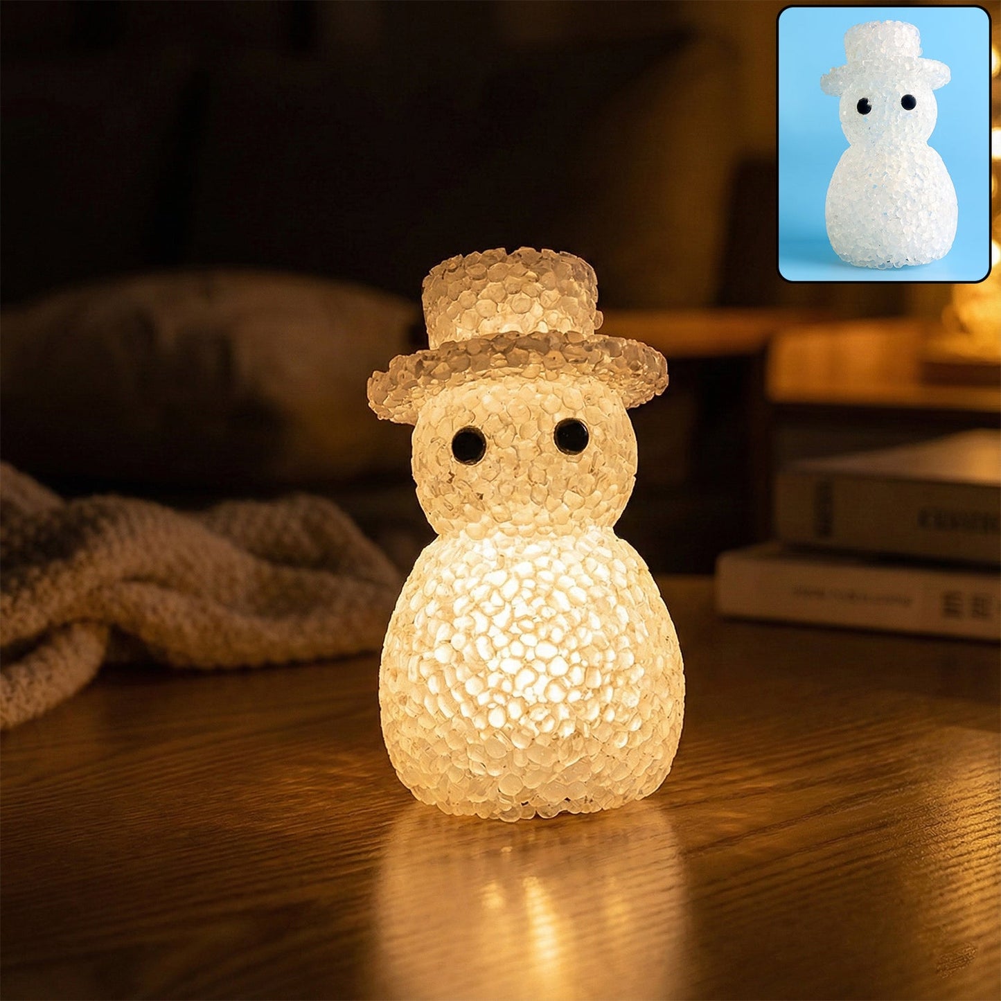 Snowman LED night lamp with crystal-style textured design on table