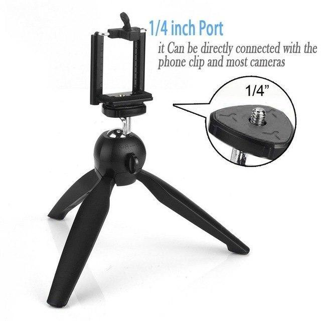 Universal mini tripod holding a smartphone, ideal for stable video recording.