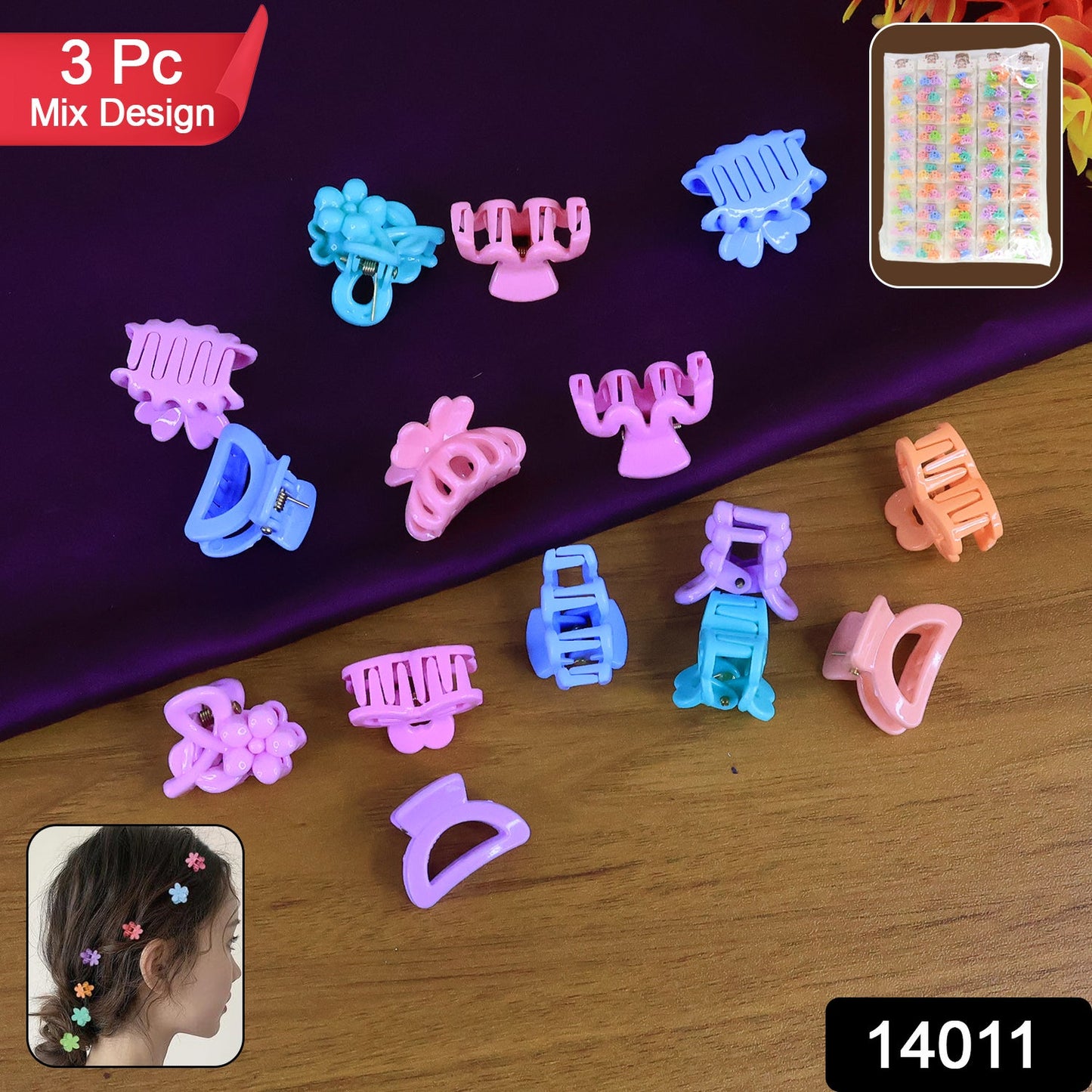Close-up of assorted vibrant mini hair claw clips in various colours.