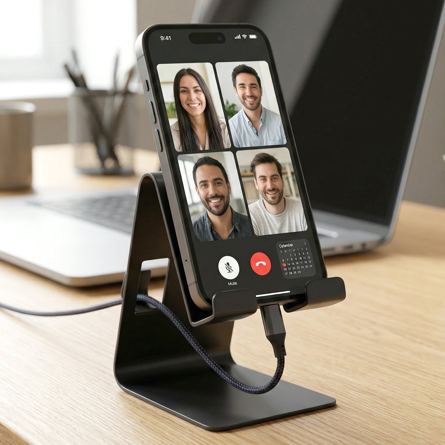 Mobile phone holder on black metal stand with compact design