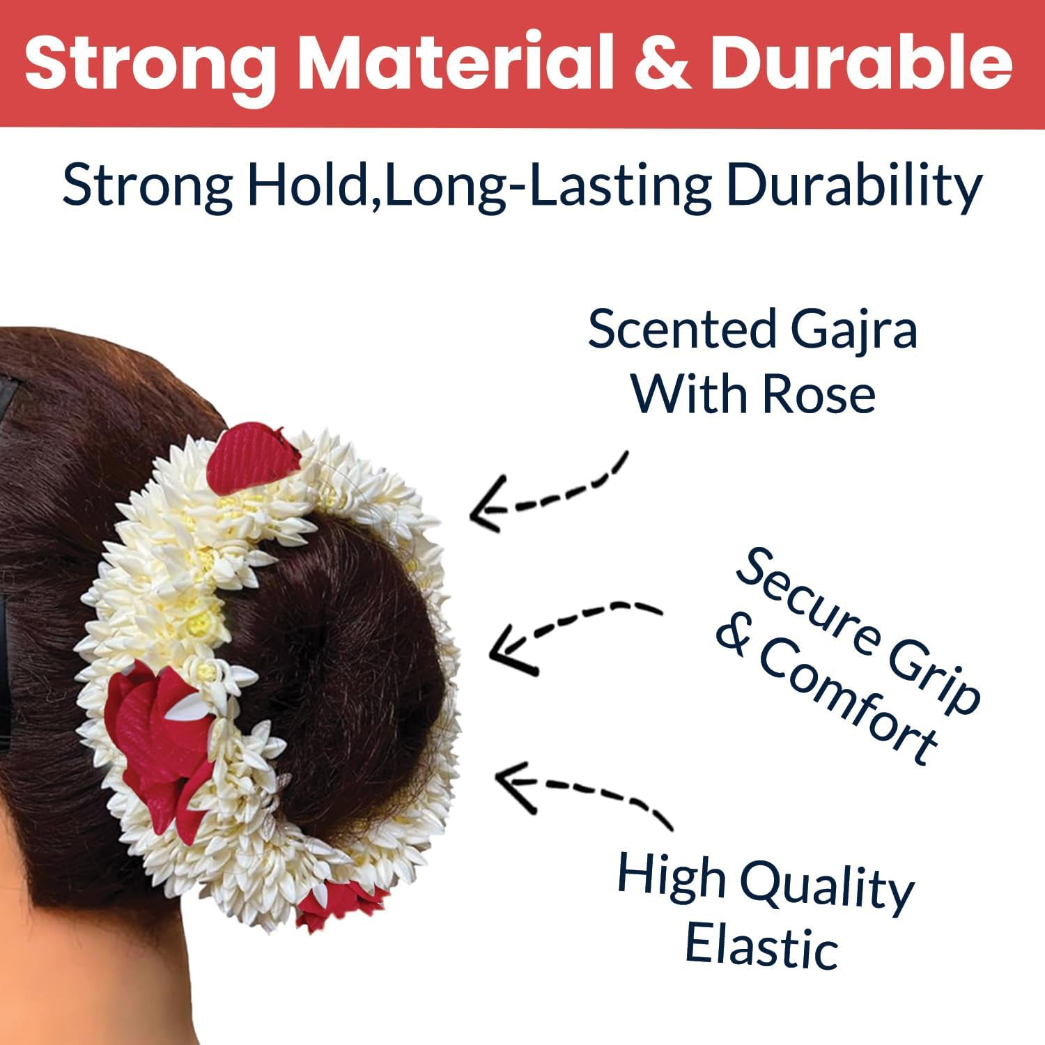 Close-up image of artificial flower gajra highlighting floral details