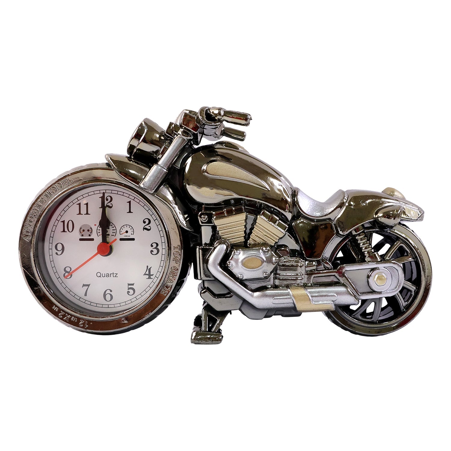 Motorcycle alarm clock demonstrating alarm feature on back