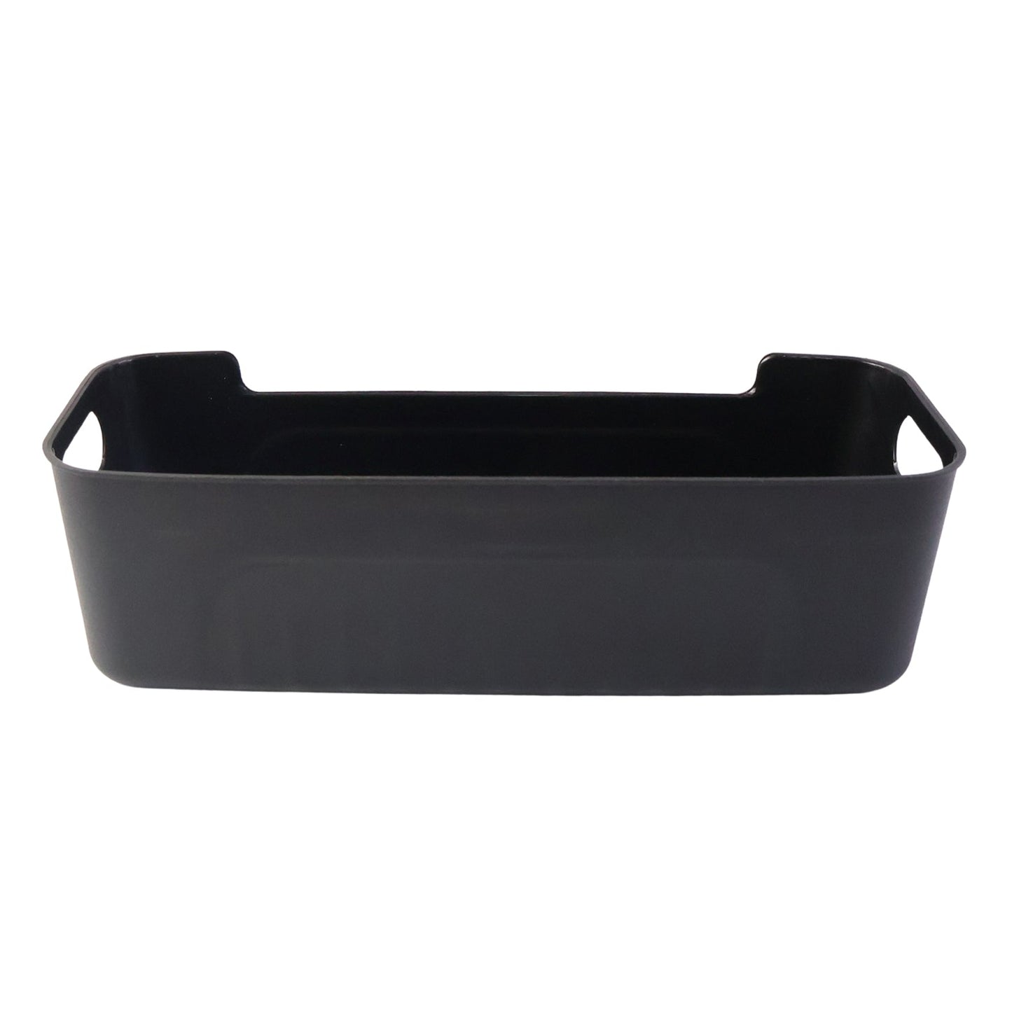 Collection of stackable black plastic storage trays for organizing items