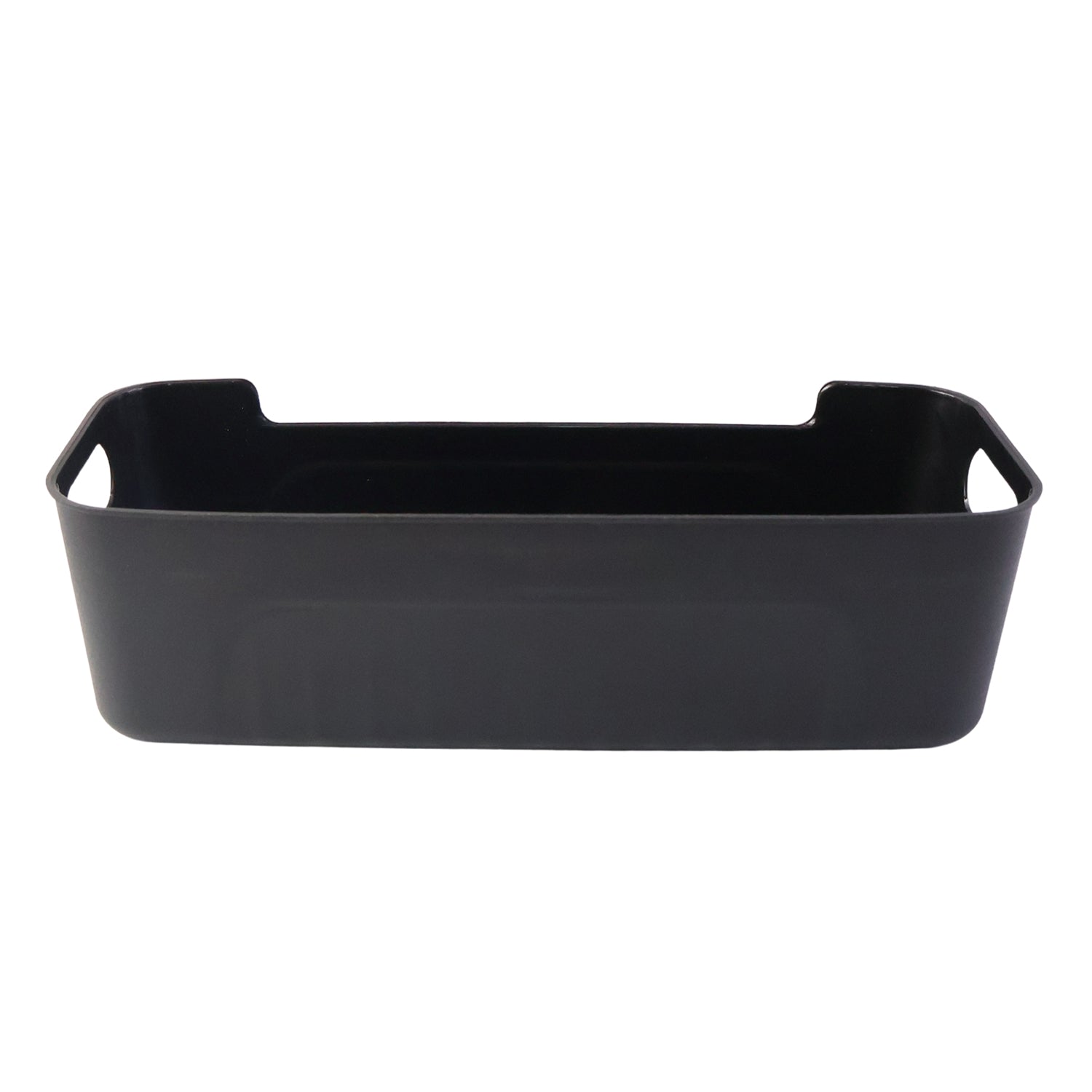 Collection of stackable black plastic storage trays for organizing items