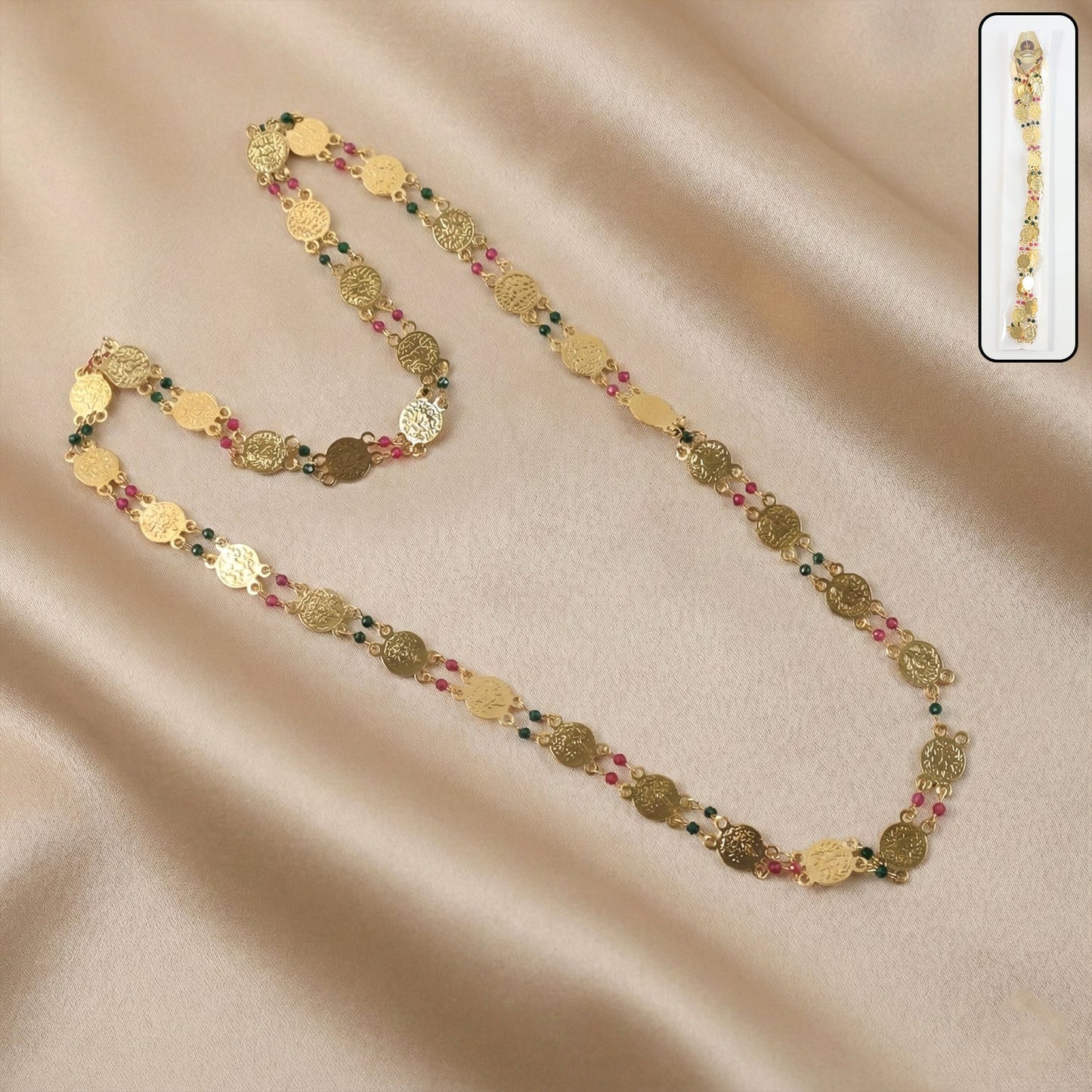Gold tone coin beaded necklace with intricate motif design