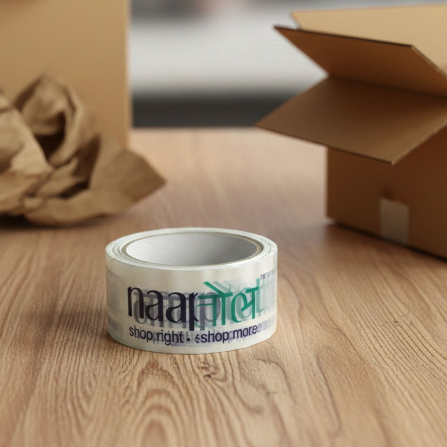 Heavy-duty printed packaging tape roll with a white core, ready for use.