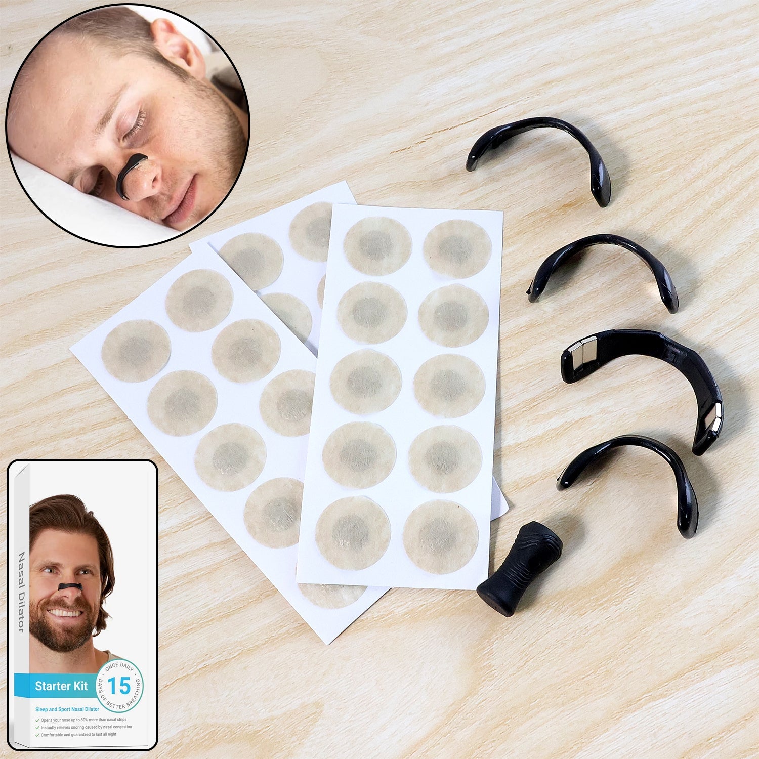 Nasal Strip Starter Kit packaging and included nasal strips and clips