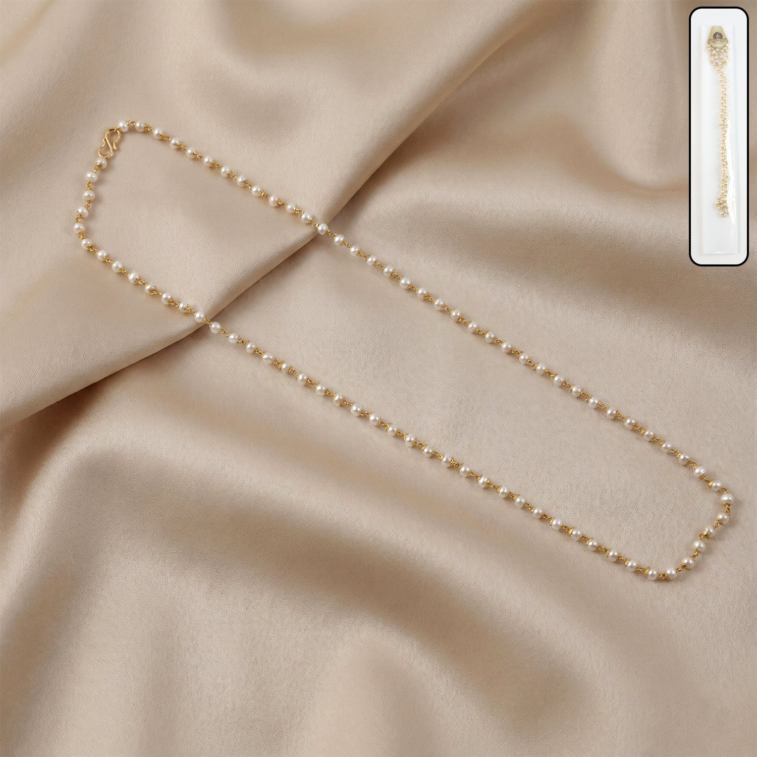 Elegant pearl beaded long necklace with gold-tone link chain